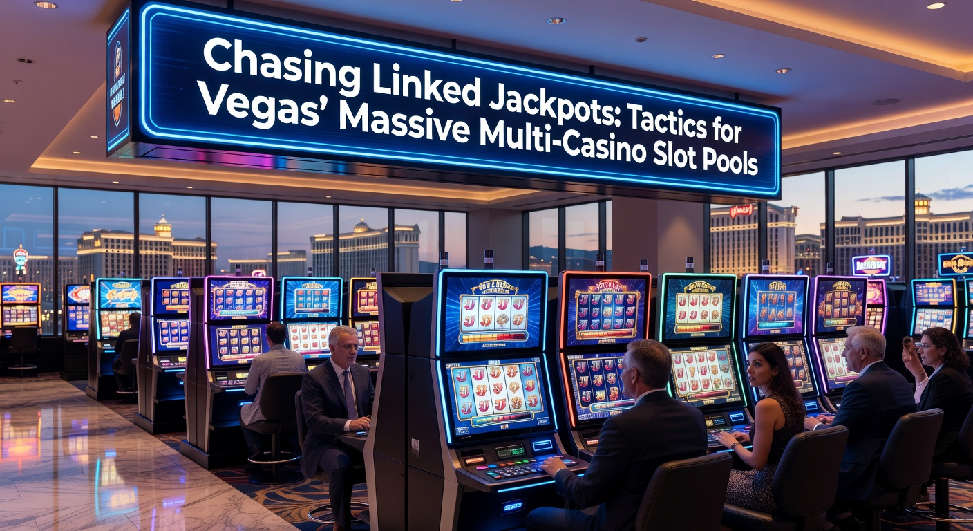 Vibrant Vegas casino floor with glowing linked jackpot slot machines displaying massive progressive pools across multiple screens