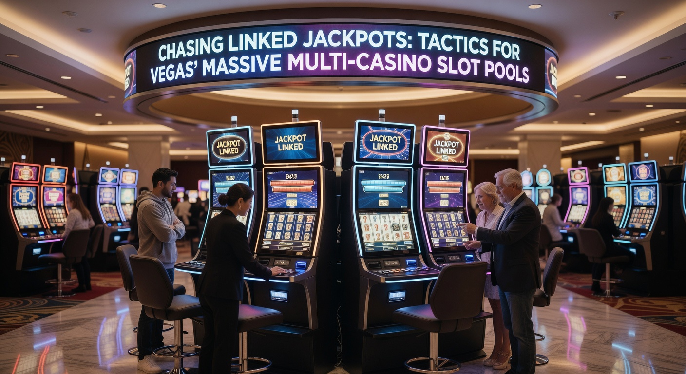 Close-up of a massive linked jackpot meter ticking upward on a bustling Vegas slot bank, with excited players gathered around