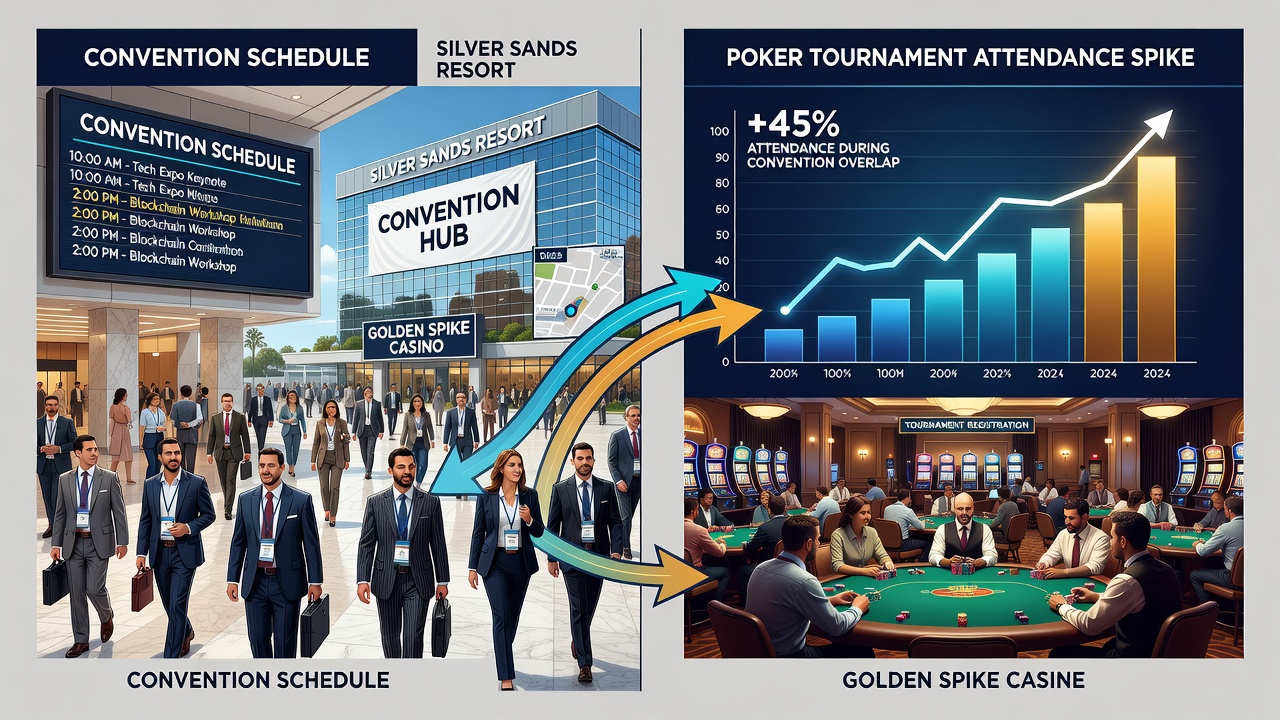 Table and graph illustrating entry volume increases at poker rooms next to convention centers versus standalone properties