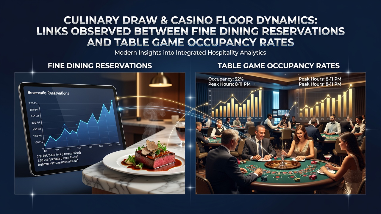 Casino floor view showing table games near fine dining areas with patrons moving between sections