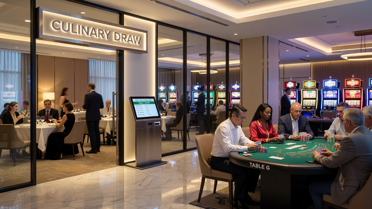 Overhead view of integrated casino dining and gaming zones with visible pathways between tables and restaurant entrances