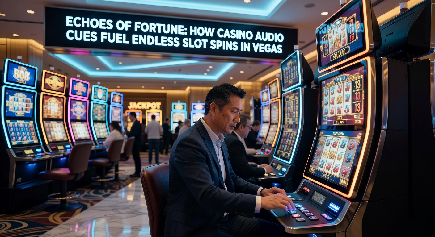 Close-up of a slot machine screen during a jackpot sequence, with cascading coins, flashing lights, and exaggerated sound waves visualized emanating from speakers, illustrating the sensory overload designed to captivate players