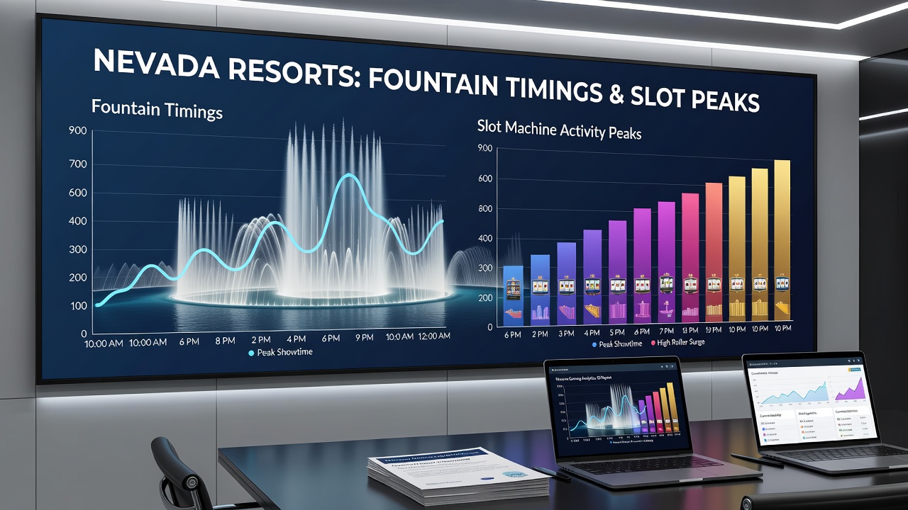 Slot machine floor activity during coordinated fountain performance times at a Nevada resort