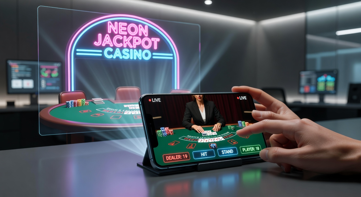 Vibrant casino floor with neon lights and blackjack tables transitioning to a modern mobile screen showing live dealer blackjack