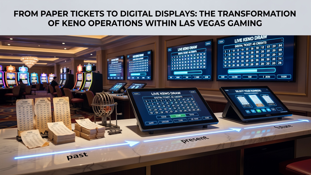 Modern Las Vegas casino floor featuring rows of digital Keno terminals and large overhead screens displaying live draws
