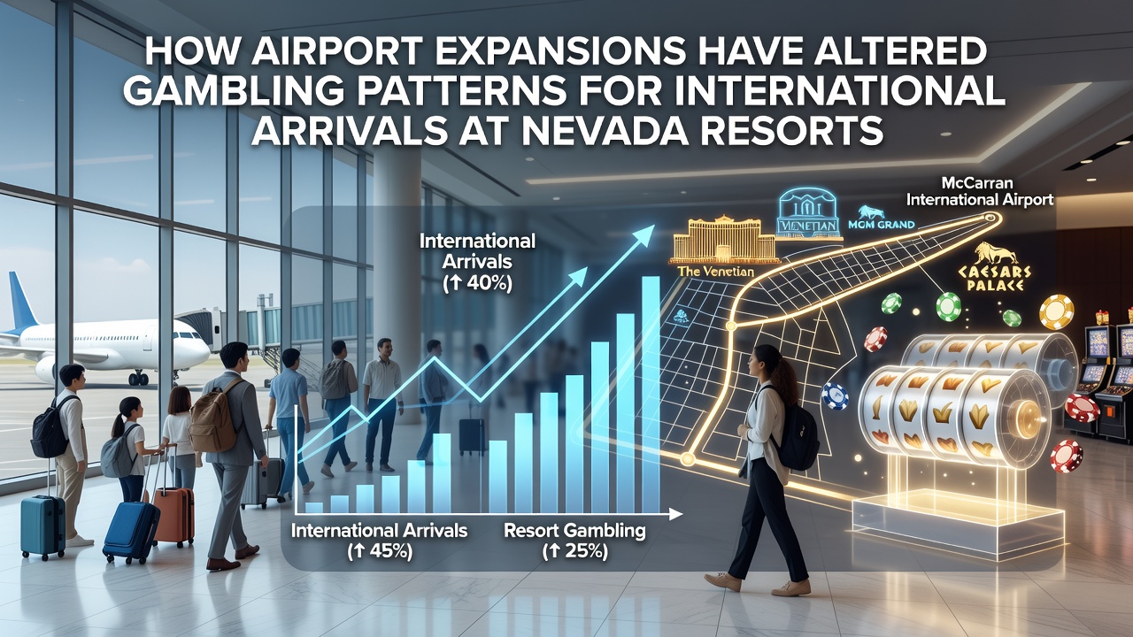 Aerial view of expanded Harry Reid International Airport terminals with international flight gates and connected transport links to Las Vegas Strip resorts
