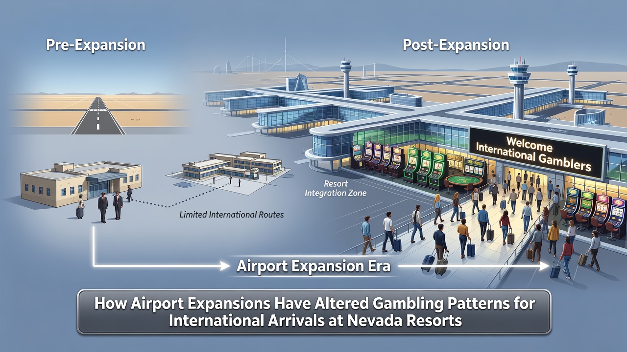 Interior view of a Nevada resort casino floor showing international guests at baccarat and slot areas near airport shuttle pickup zones