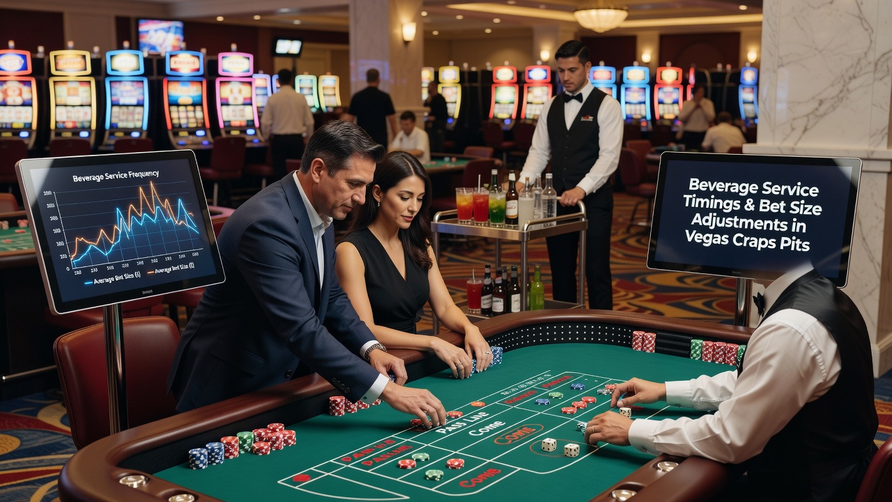 Craps table in a Las Vegas casino pit with players adjusting bets while beverage servers move through the area