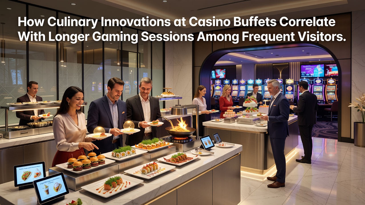 Casino buffet display featuring upgraded seafood stations and international cuisine options that encourage longer visitor stays