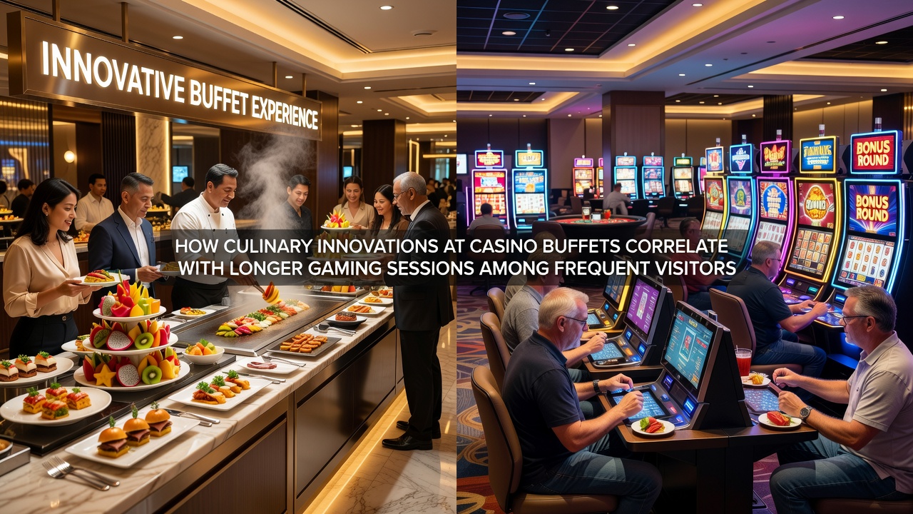 Frequent casino visitors enjoying extended buffet meals with diverse culinary stations linked to prolonged gaming activity