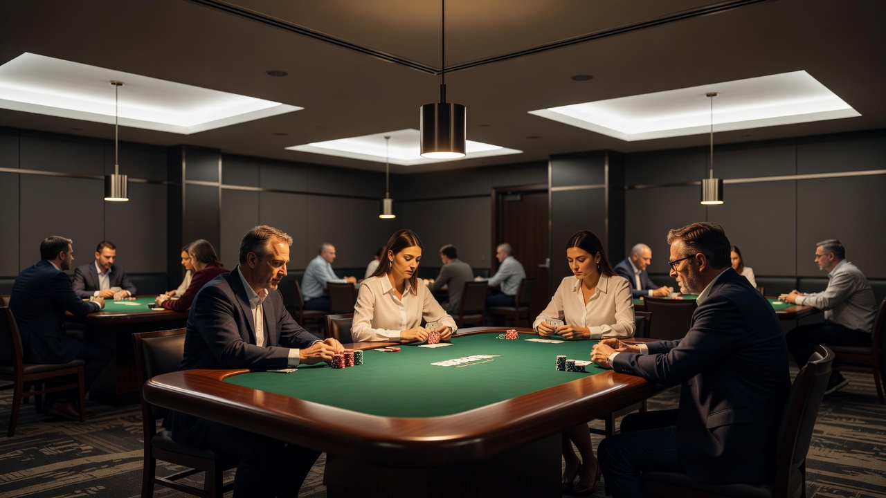 Nevada poker room with layered lighting design over felt tables and player areas