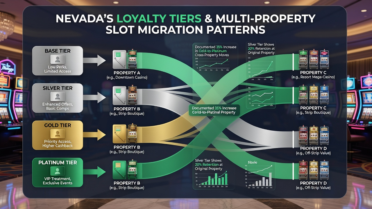 Player tracking kiosk display showing loyalty tier progress and multi-property point balances in a Nevada casino