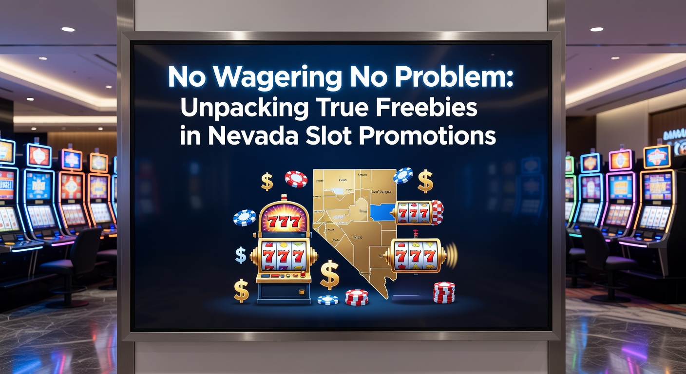 Vibrant Nevada slot machines lighting up a casino floor with promotional banners highlighting no-wagering free spins offers