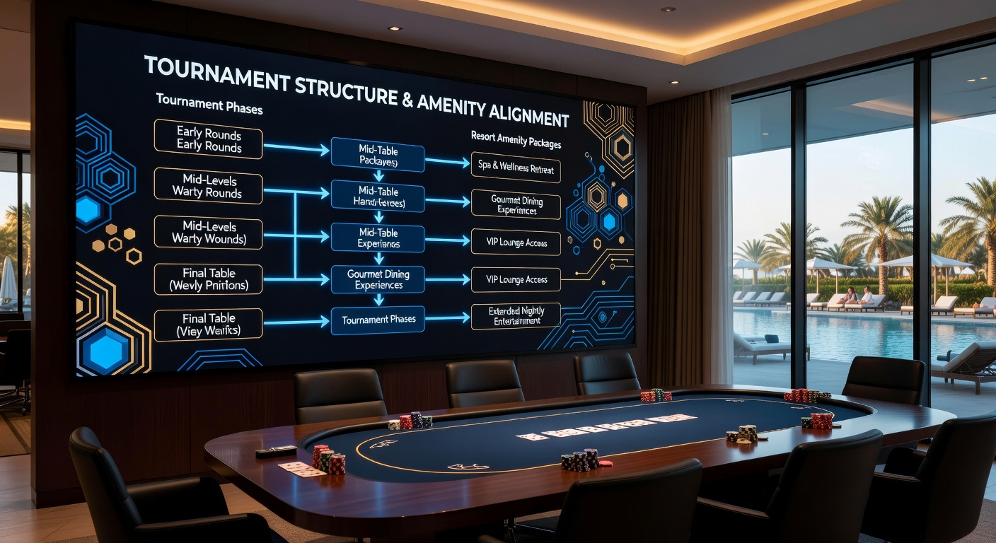Poker tournament tables arranged in a spacious resort room with players engaged during a multi-day event