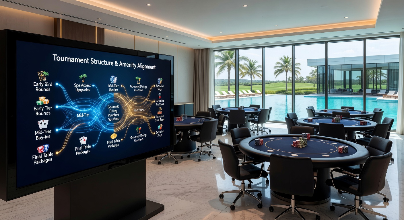 Resort lobby area connected to poker room entrance showing integrated amenity signage and guest flow