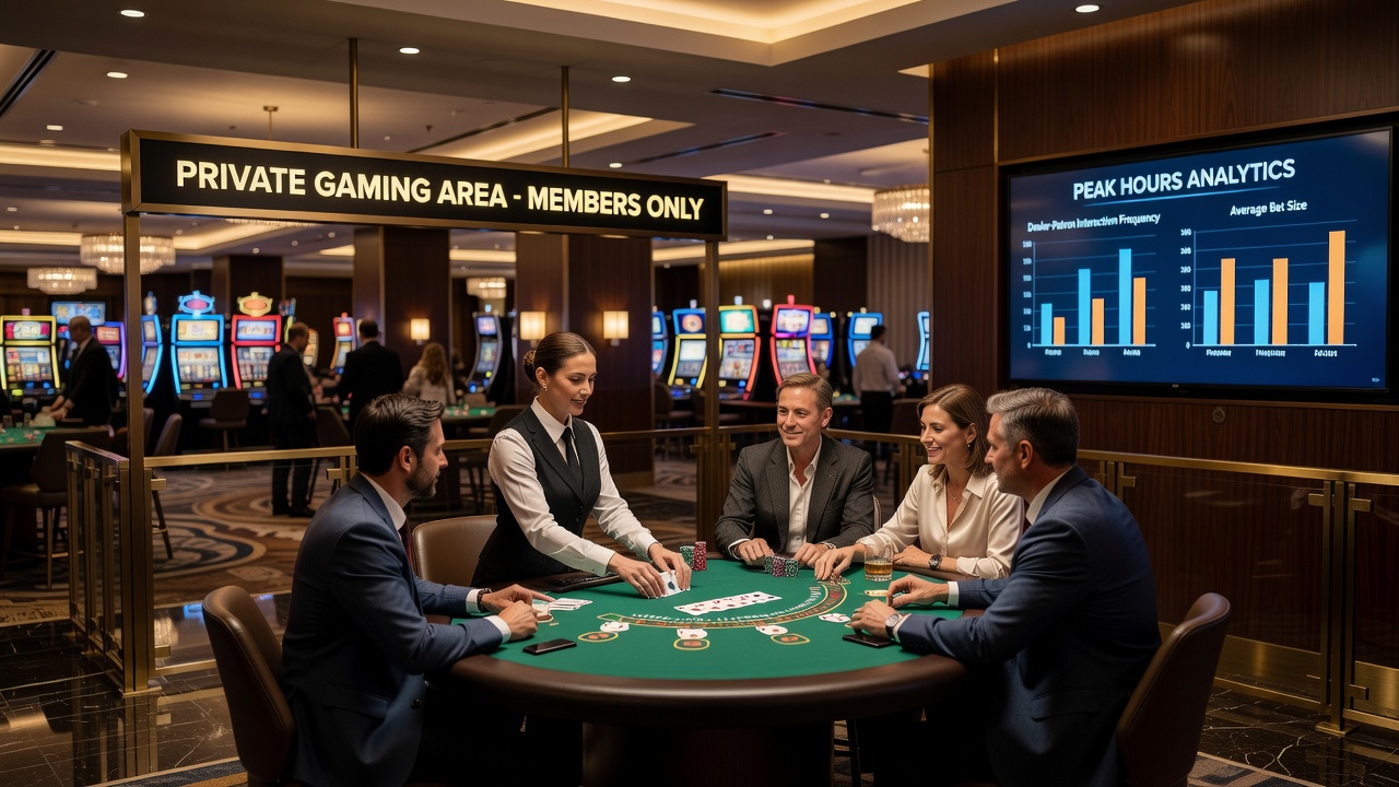 Dealer interacting with patrons at a private blackjack table inside a Nevada casino high-limit room during peak hours