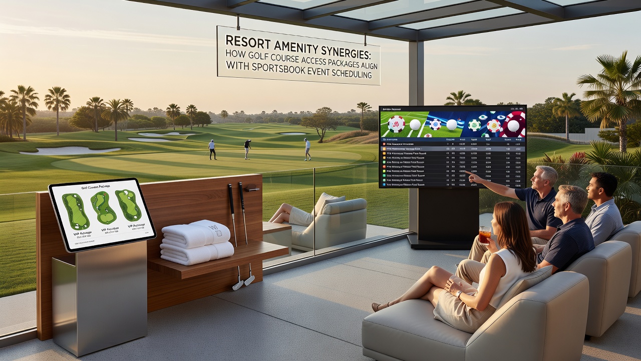Integrated Nevada resort layout displaying golf course pathways leading toward sportsbook entrances